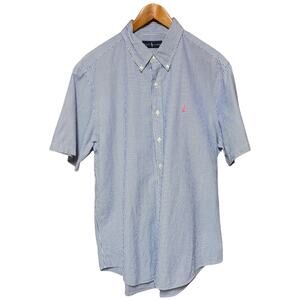 Ralph Lauren Seersucker Button Down Short Sleeve Blue White Pink Pony XL
